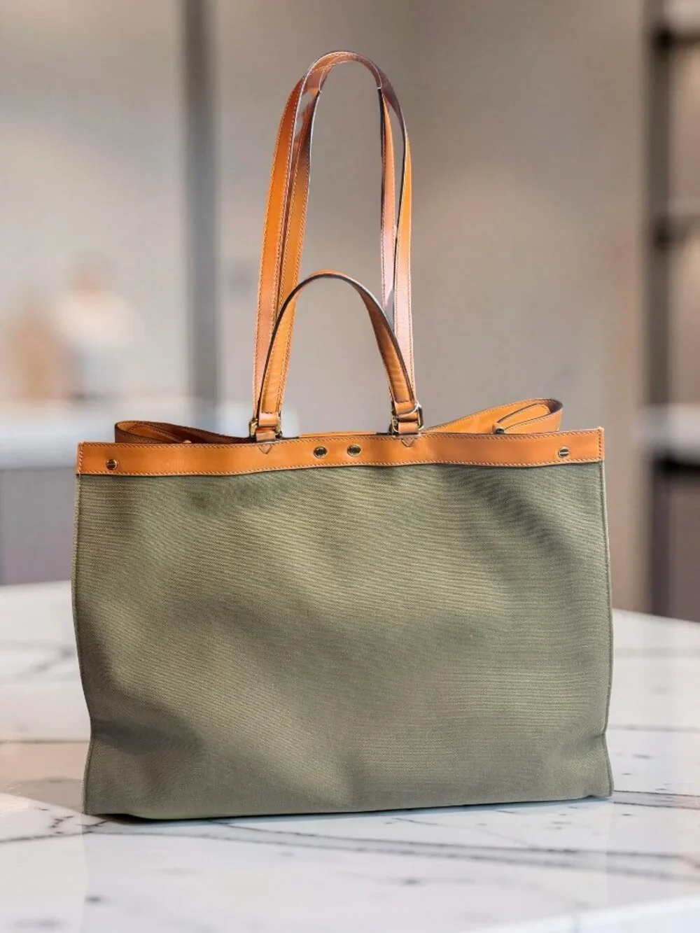 Fendi Peekaboo X-Tote Large Olive Canvas Tan Leather Trim Gold HW